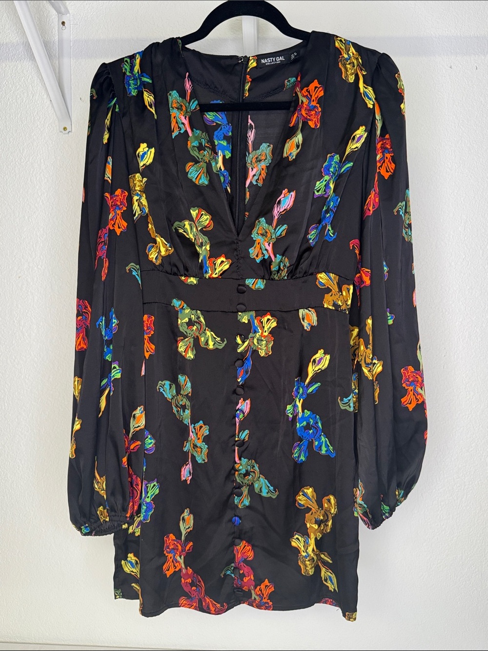 Nasty Gal Satin Floral Print Balloon Sleeve Mini Dress